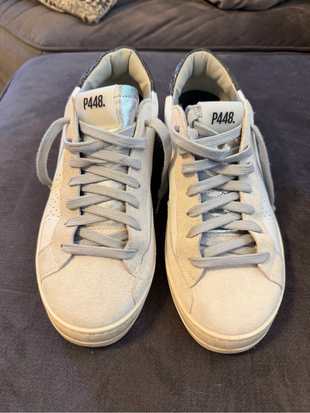 P448 Women’s Light Gray Suede Low-Top Sneakers with Dark Heel Accent
